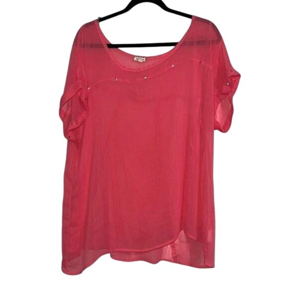 Eyeshadow Womens Plus Size 1X Sheer Pink Flutter Sleeve Top With Stud Accents